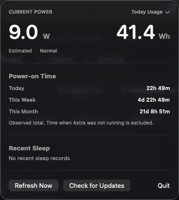 Astra popover showing current wattage and today's energy usage